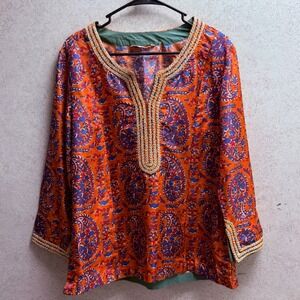 Soft Surrounding Medium‎ Womens Orange Paisley Print Embellished Neckline Blouse